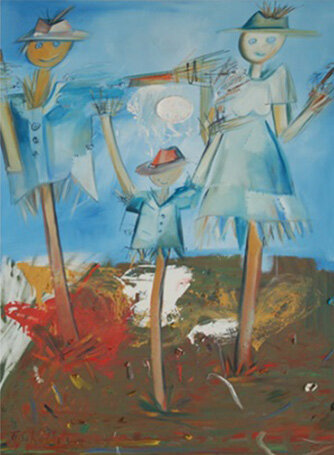 Pintura da obra “A Dança dos Espantalhos”, com uma família de três espantalhos. 